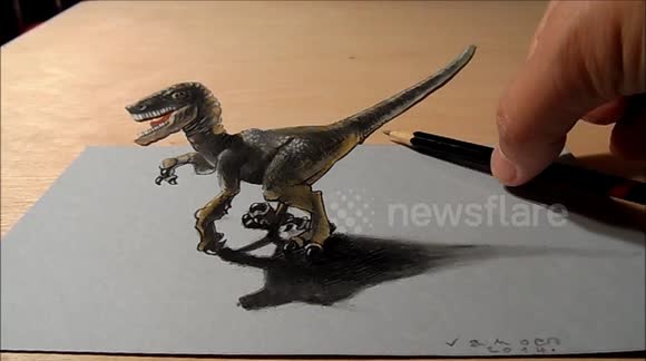 How I Drew a 3D Dreadful Raptor, Trick Art by Vamos