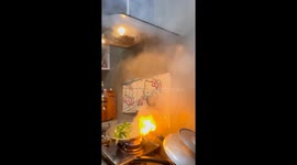 Mother burns the kitchen while trying to stir fry vegetables