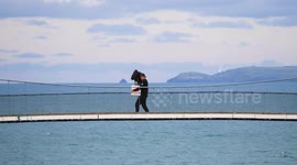 Britain's smallest inhabited Island, everything goes over the suspension bridge. Towan Island, Newquay, Cornwall, UK