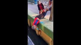 Passers-by dangle man upside down to rescue cat stuck in canal