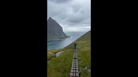 Hiking to Kvalvika Beach in Lofoten Islands, Norway; north of the Arctic Circle