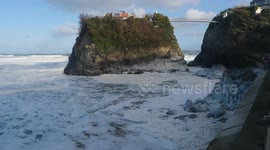 Britain's private domestic Suspension bridge, Groceries must go in, storm or not,  . Towan Island, Newquay, Cornwall, UK