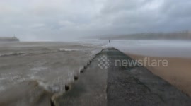 Storm Darragh hitting Peel on the West coast of the Isle of Man on 7th December 2024, viewed from the beach.