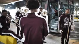 US: Morehouse College House of Funk Marching Band warms up at American Mall