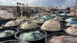 Fishing nets stored in plastic containers on the docks of fishing boats along the canal port in Fiumicino.