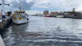 Some plastic and polystyrene waste floats on the water and in the background some fishing boats are anchored along the canal port in Fiumicino.