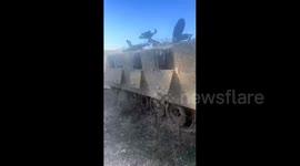 The damage inflicted on an Israeli personnel carrier after being targeted by the resistance in Gaza