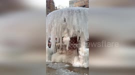 Bryant Park fountain freezes during cold snap in New York