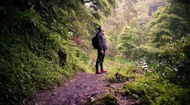 Sportsman trekking a track trail through mountains walking by muddy paths after rain amidst nature in the middle of the forest and jungle looking at its surroundings