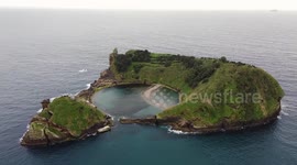 Drone aerial view of villa franca do campo island in the atlantic sea.