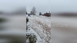 US: Buffalo Bills Fan Sleds Down Snowy Hill in Atlanta Holding Team Flag