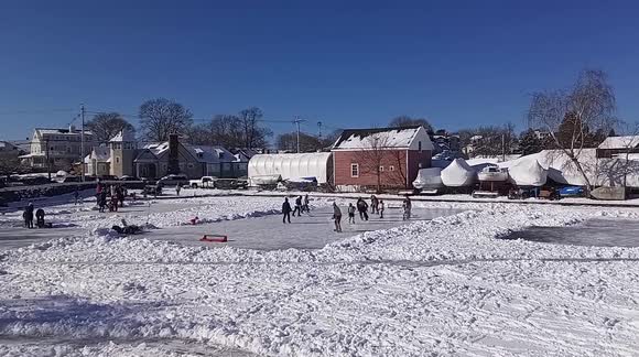 Pond Hockey Lessons on Redd's Pond in Marblehead, Massachusetts after a weekend snowstorm