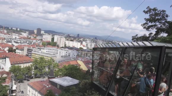 Funicular Railway with an impressive view driving to / from Ljubljana Castle at daytime.