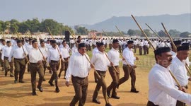 Members of the Rashtriya Swayamsevak Sangh (RSS), a Hindu nationalist organisation, take part in a route-march in Ajmer, Rajasthan on January 19, 2025.