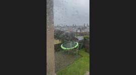 Two trampolines struggle against the powerful winds of Storm Éowyn