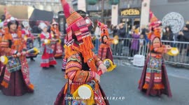 Miao enthic parade group assembly for the 2025 Chinese New Year of the Snake in London