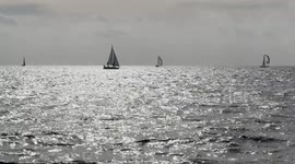 Sailboats sail on the calm sea reflecting the sunlight off the coast of Lido di Ostia on a sunny day in January in Rome.