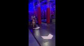 Granddad tries to conquer the 'Ninja Warrior Wall' but takes a humbling fall