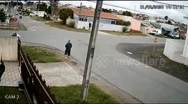 Pedestrian dodges van knocked onto pavement by collision