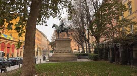 The equestrian monument dedicated to Giuseppe Garibaldi, a work by Arnaldo Zocchi, in front of the Teatro Arena del Sole - Teatro Stabile of Bologna.