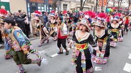 France: Attractive and beautiful dance of young girls in Paris wearing traditional Chinese costumes