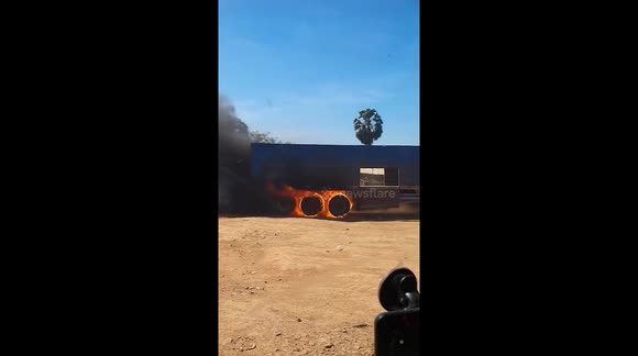 Truck with burning wheels rattles along dusty road - Buy, Sell or ...
