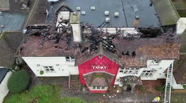 Aftermath of room fire at Toby Carvery in Bishopstoke Eastleigh Hampshire drone shot.