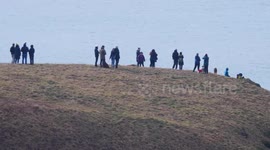 Humpback whales, Crowds line cliffs at Watergate Bay as the leviathans continue to feed off North Cornwall UK
