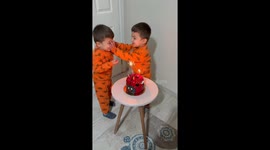 Twins tussle over who gets to blow birthday cake candle out