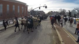Marching The British Out of Salem For A Reenactment Of An American Revolution Event