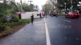 Bus overturns on sharp bend injuring 11 passengers in Thailand