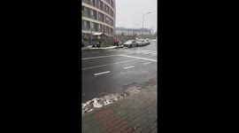 Cat sleeps on woman's shoulder at bus stop in snowy İstanbul