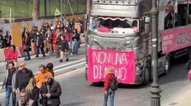 People marching in the procession of the feminist and transfeminist movement Non Una di Meno (Not One Less) on the occasion of International Women's Day in Rome.