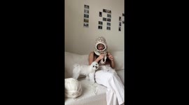 Adorable puppy bites yarn as mom crochets a little hat for her