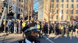 Police Push Over Chinese Protester near the Royal Mint Court. London, UK 15/03/2025