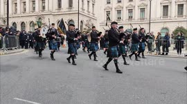 Flanders Memorial Pipe Band and Emerald Society at the London St Patrick's Day Parade. London, UK 16/03/2025