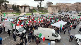 Numerous Italian flags are waved in Piazza Bocca della Verità during the demonstration entitled ‘Peace and sovereignty’ promoted by the leaders of Democrazia sovrana popolare Marco Rizzo and Francesco Toscano in Rome.