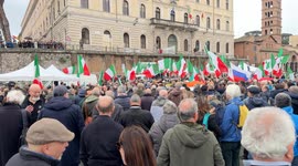Numerous Italian flags are waved in Piazza Bocca della Verità during the demonstration entitled ‘Peace and sovereignty’ promoted by the leaders of Democrazia sovrana popolare Marco Rizzo and Francesco Toscano in Rome.
