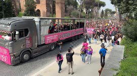 People marching in the procession of the feminist and transfeminist movement Non Una di Meno (Not One Less) on the occasion of International Women's Day in Rome.