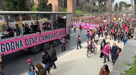People marching in the procession of the feminist and transfeminist movement Non Una di Meno (Not One Less) on the occasion of International Women's Day in Rome.