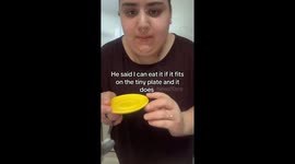 Woman fits half a cake on tiny plate—She wins every time