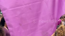 People marching in the procession of the feminist and transfeminist movement Non Una di Meno (Not One Less) on the occasion of International Women's Day in Rome.