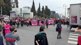 People marching in the procession of the feminist and transfeminist movement Non Una di Meno (Not One Less) on the occasion of International Women's Day in Rome.