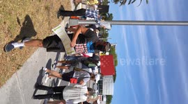 Democrats protesting Elon Musk outside of a Tesla Dealership