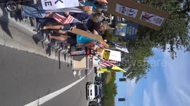 Democrats protesting Elon Musk outside of a Tesla Dealership