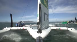 Moment: 'Shock' on board of Australia boat as wing collapses before the start