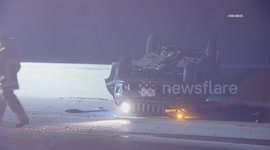 US, Los Angeles: Sun Valley 210 Freeway Overturned Crash In Foggy Road Conditions