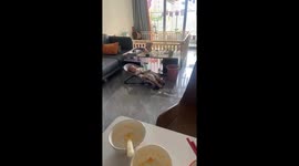 Baby swings itself using legs in Guangdong, China