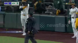 Moment: Athletics bat boy takes down drone