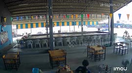 Water splashes out of prawn pond during earthquake in Thailand